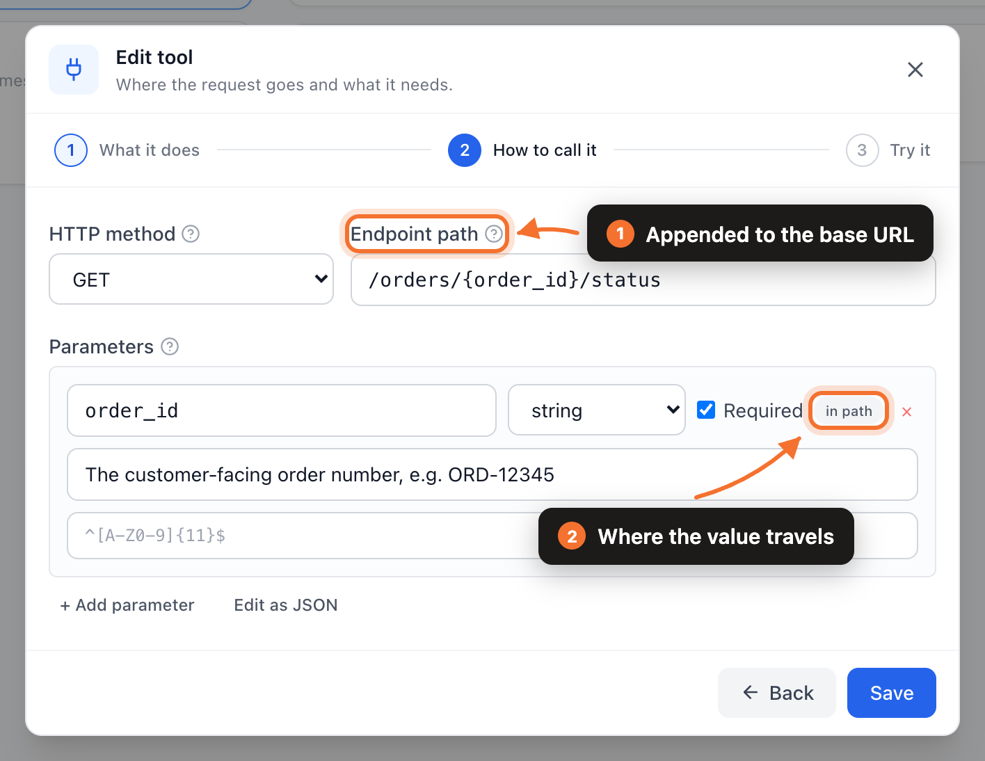 The How to call it step, showing the endpoint path and a parameter badged "in path"