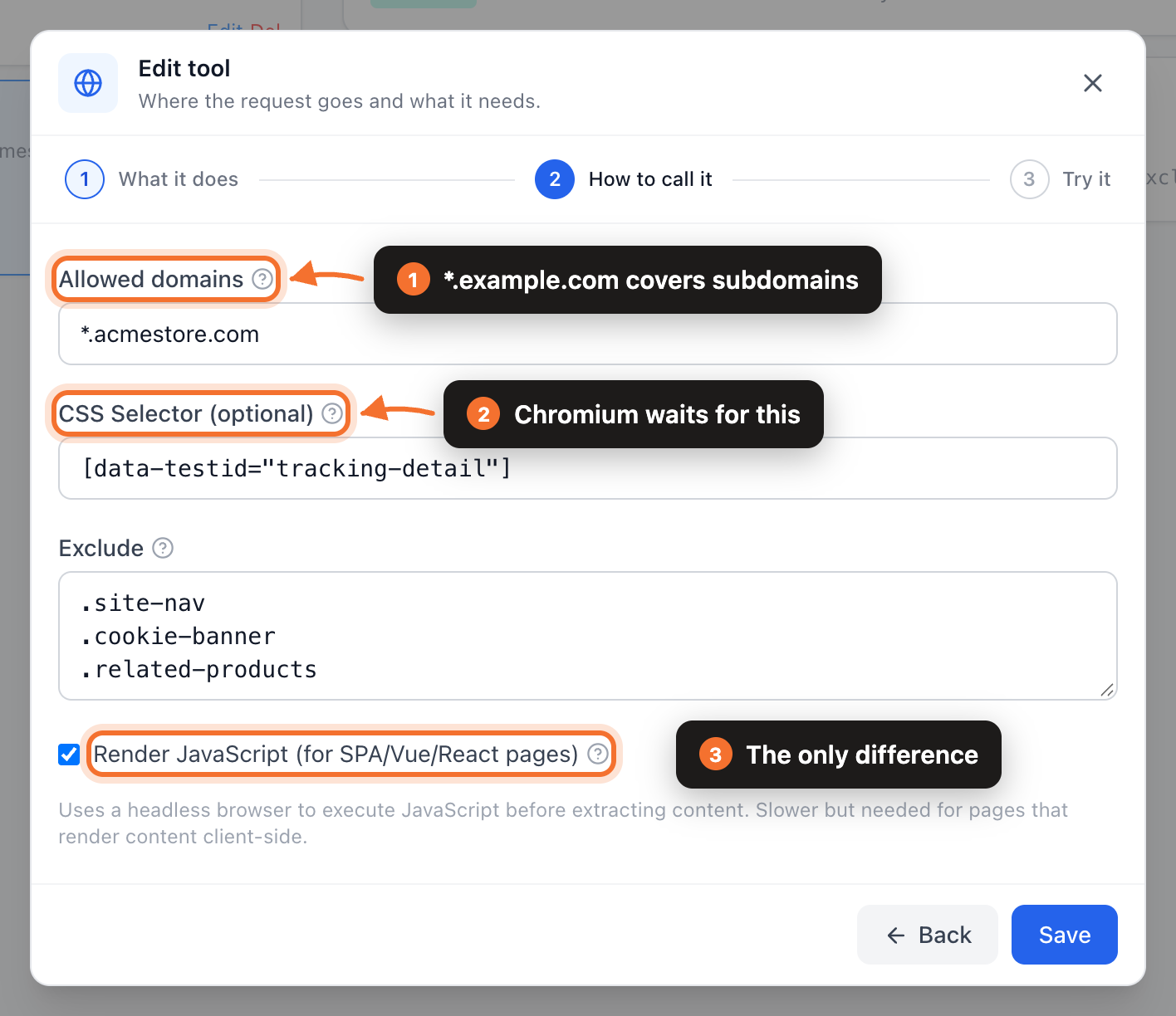 The How to call it step for a scraper, with Render JavaScript ticked
