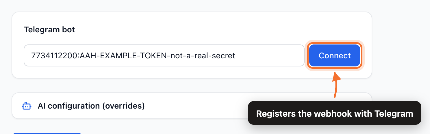 The Telegram bot card with a bot token pasted and the Connect button highlighted