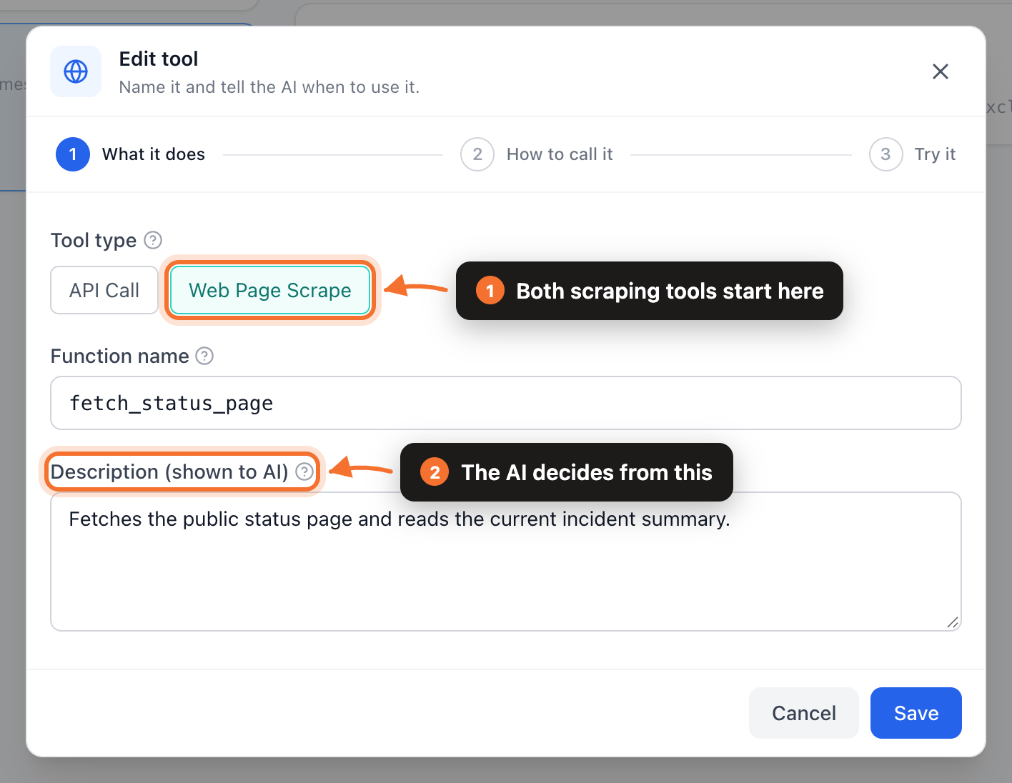 The What it does step with Tool type set to Web Page Scrape