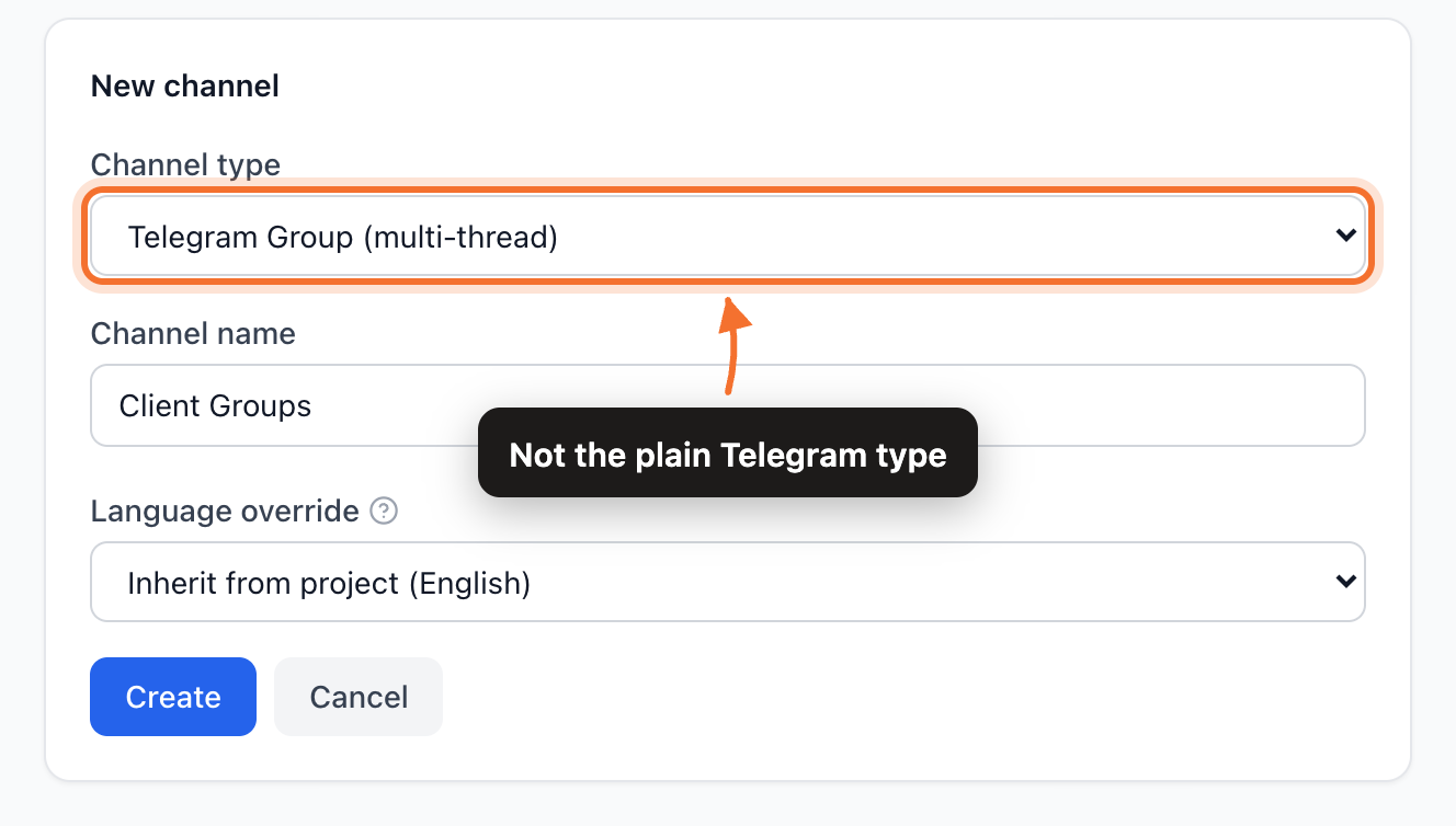 The New channel form with Channel type set to Telegram Group (multi-thread)