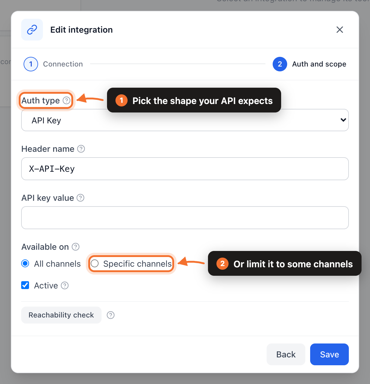The Auth and scope step of the integration wizard, showing Auth type and Available on