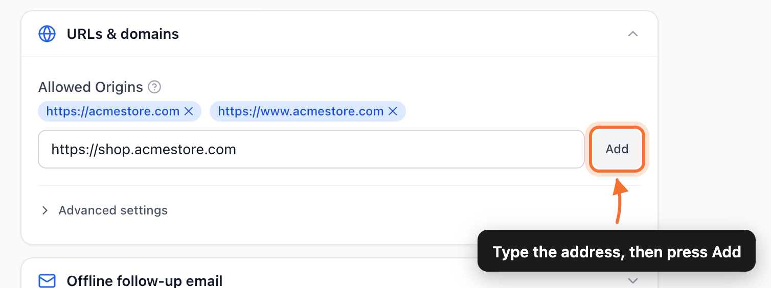 The Allowed Origins field on the Web channel settings page, with the Add button highlighted