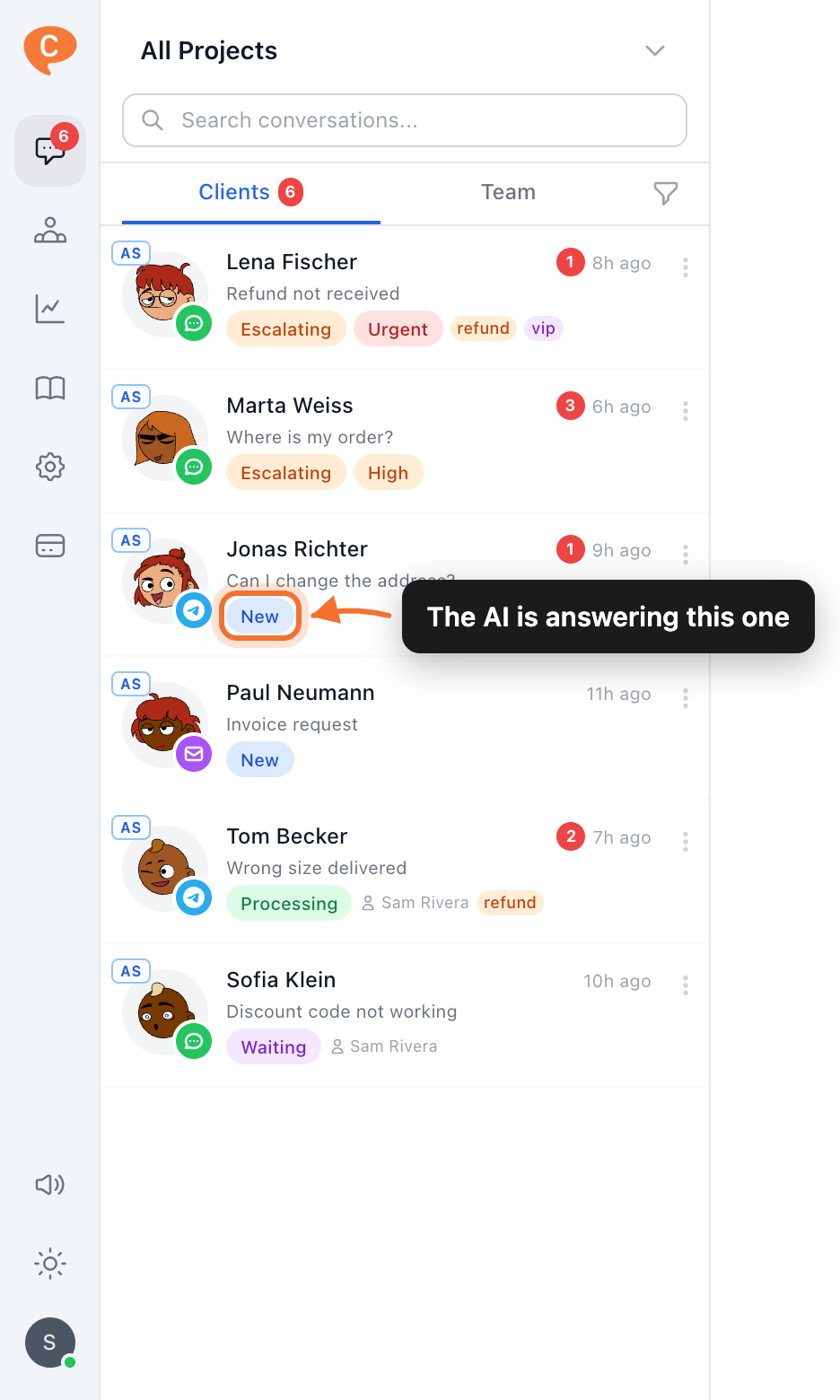 The operator inbox, with conversations the AI is still answering beside ones it has handed to a person