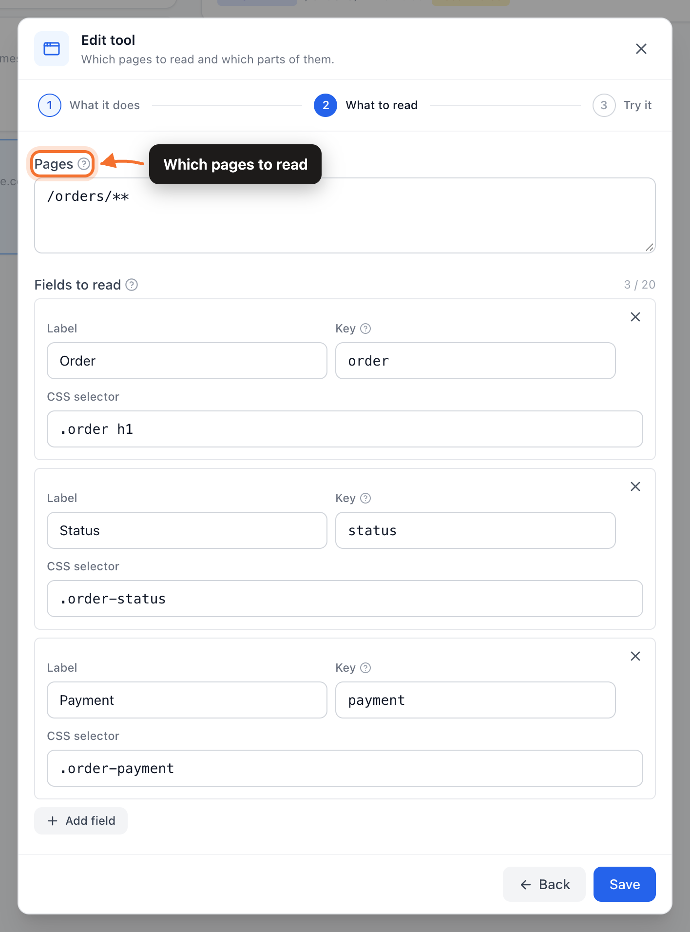The What to read step: an /orders/** page pattern and three fields with CSS selectors