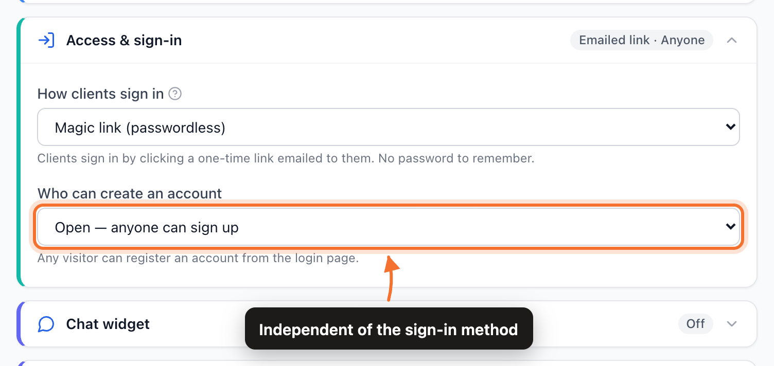 The Access & sign-in section: how clients sign in, and who can create an account