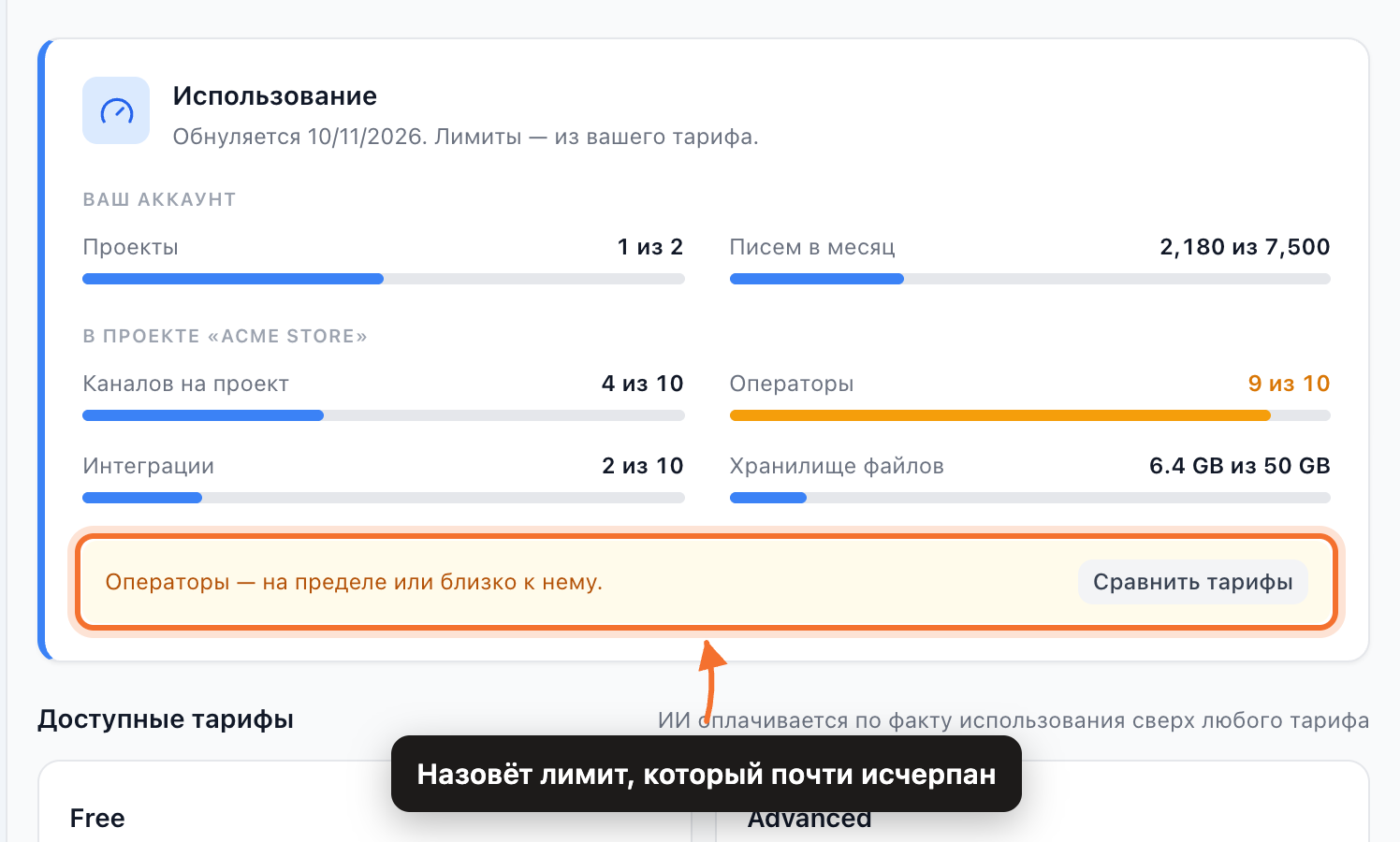 Карточка «Использование» на вкладке «Тариф»: лимиты аккаунта и проекта в виде шкал и предупреждение о почти исчерпанном лимите