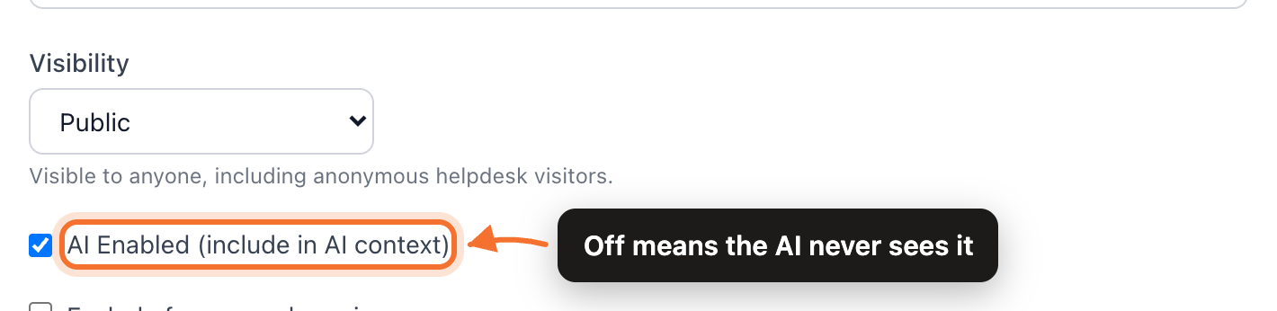 The AI Enabled checkbox in the article editor, beside the separate Visibility setting