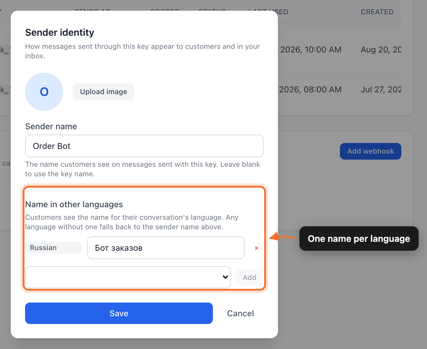 A key's sender identity, with a per-language name