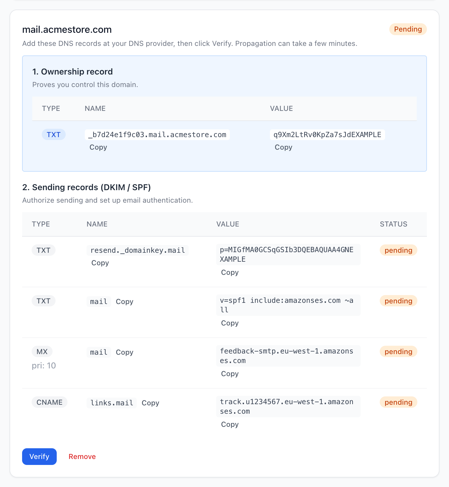 A pending marketing domain: the ownership record, the DKIM/SPF sending records, and the Verify button