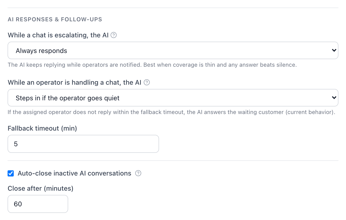 The AI responses and follow-ups settings, with the fallback timeout and auto-close below them