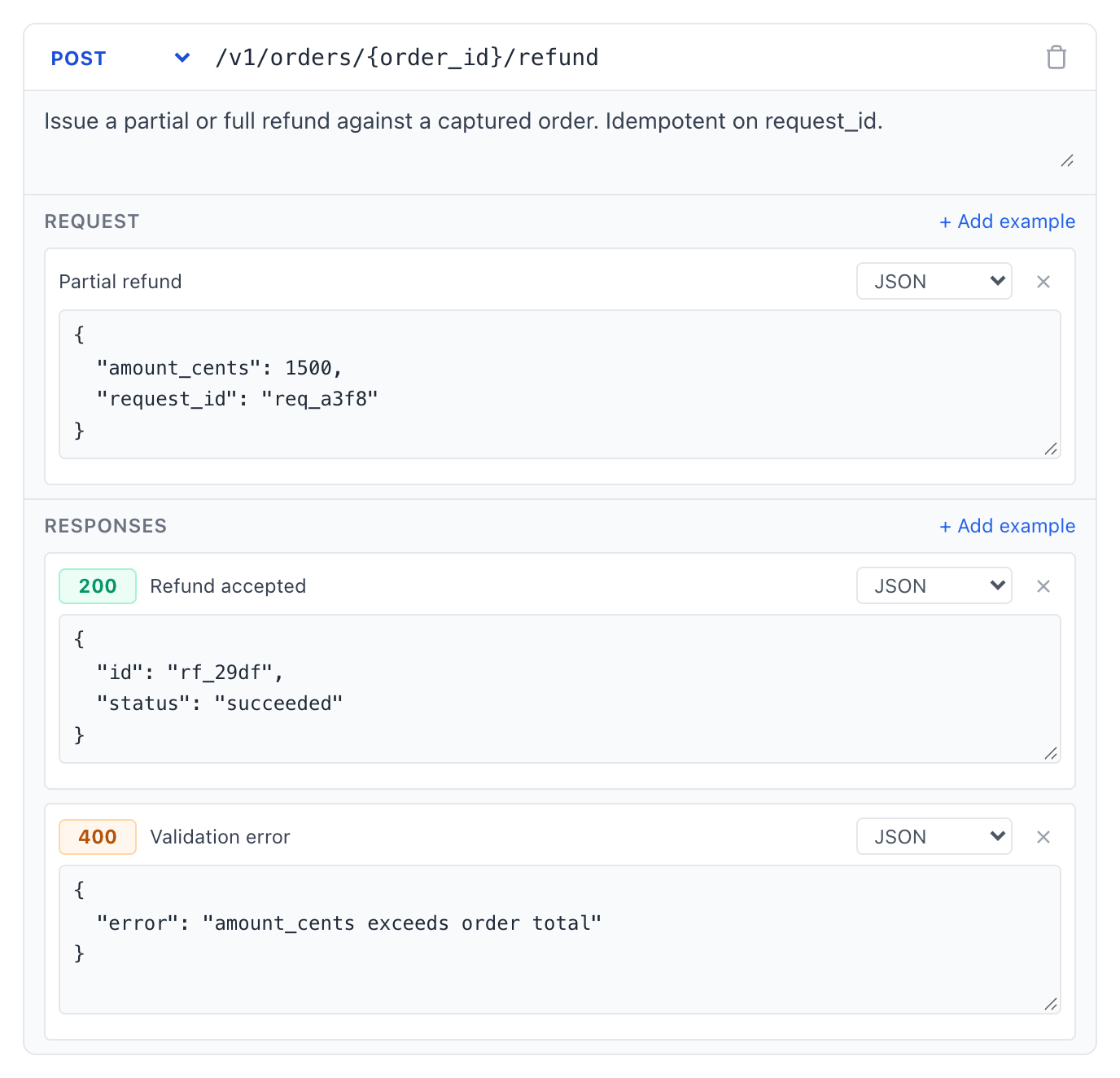 A filled-in endpoint block: POST path, summary, one request example and two responses — 200 and 400