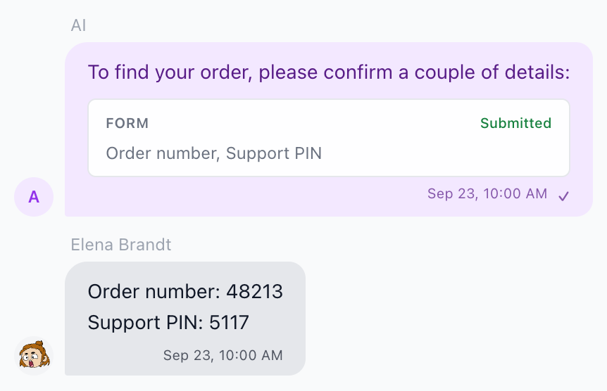 A form the AI sent, marked Submitted, and the customer's reply under it with the order number and support PIN