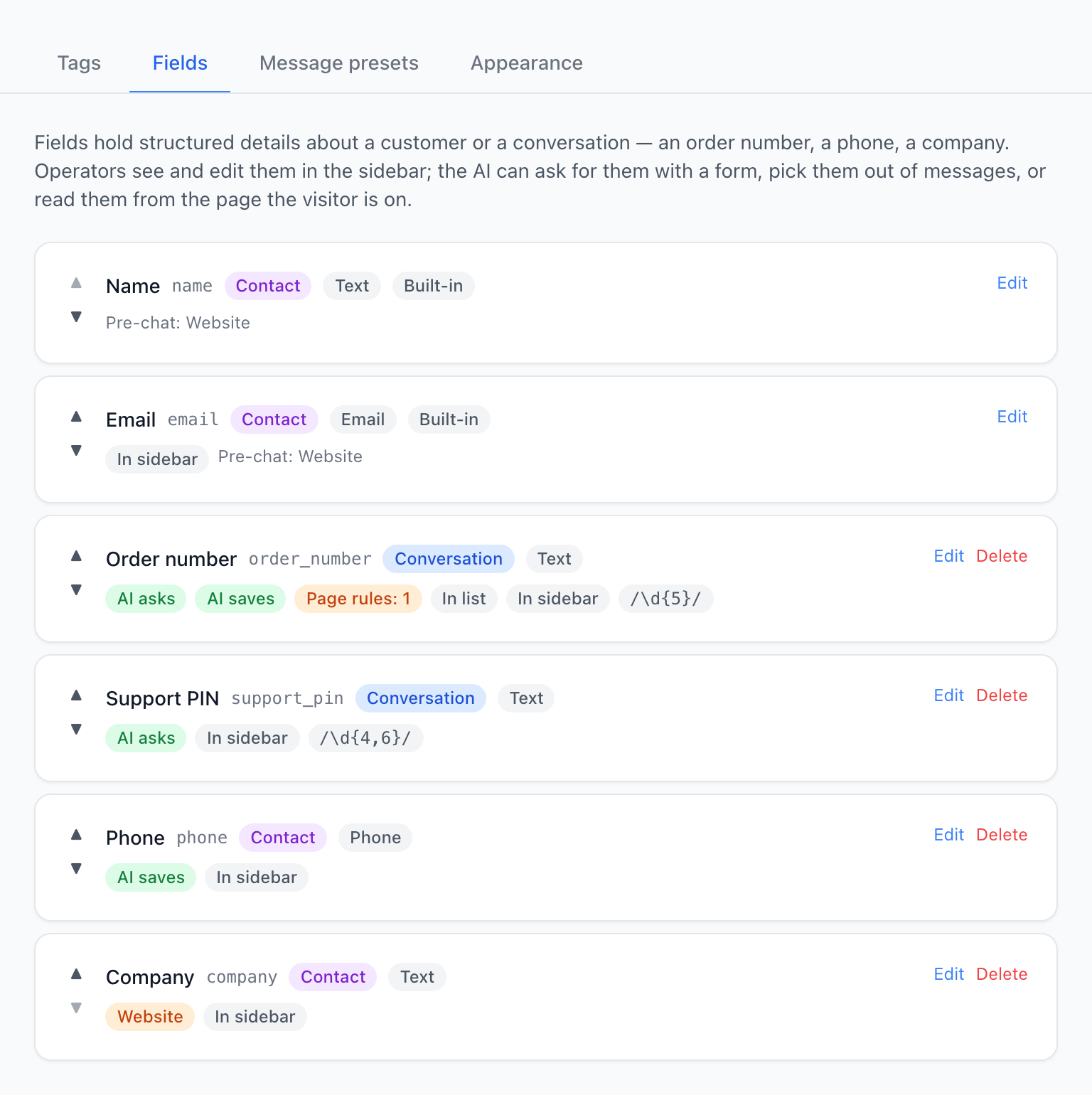 The Fields list: Name, Email, an order number read from the page title, a support PIN, a phone and a company, with labels showing what each field does