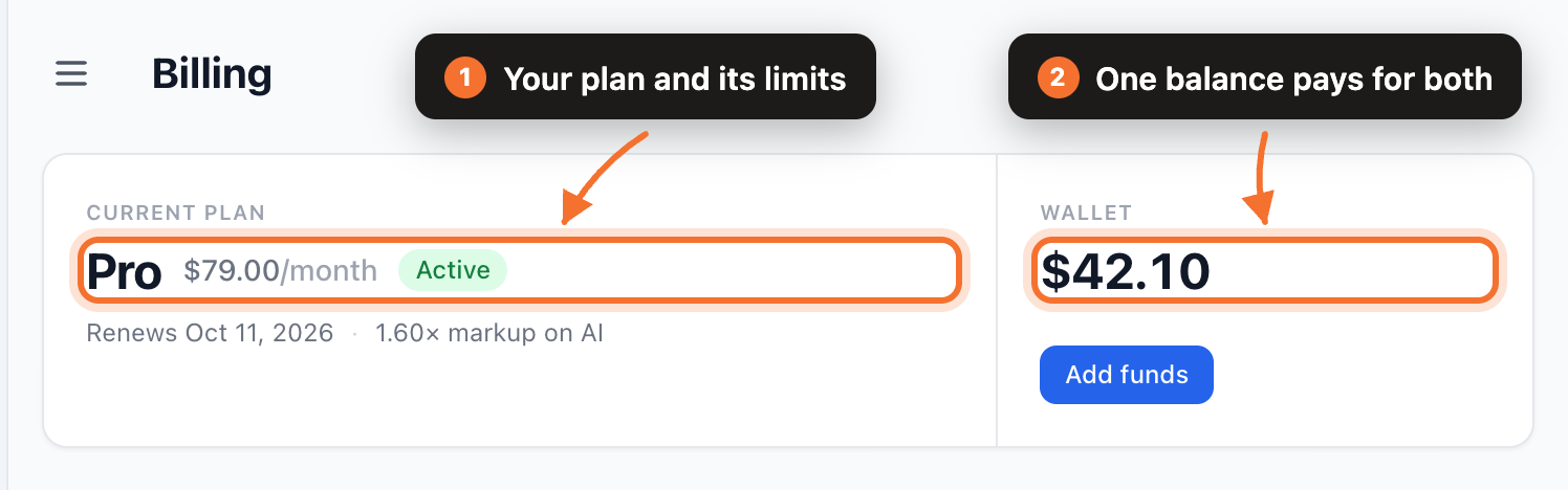 The header of the Billing page, showing the current plan on the left and the wallet balance on the right