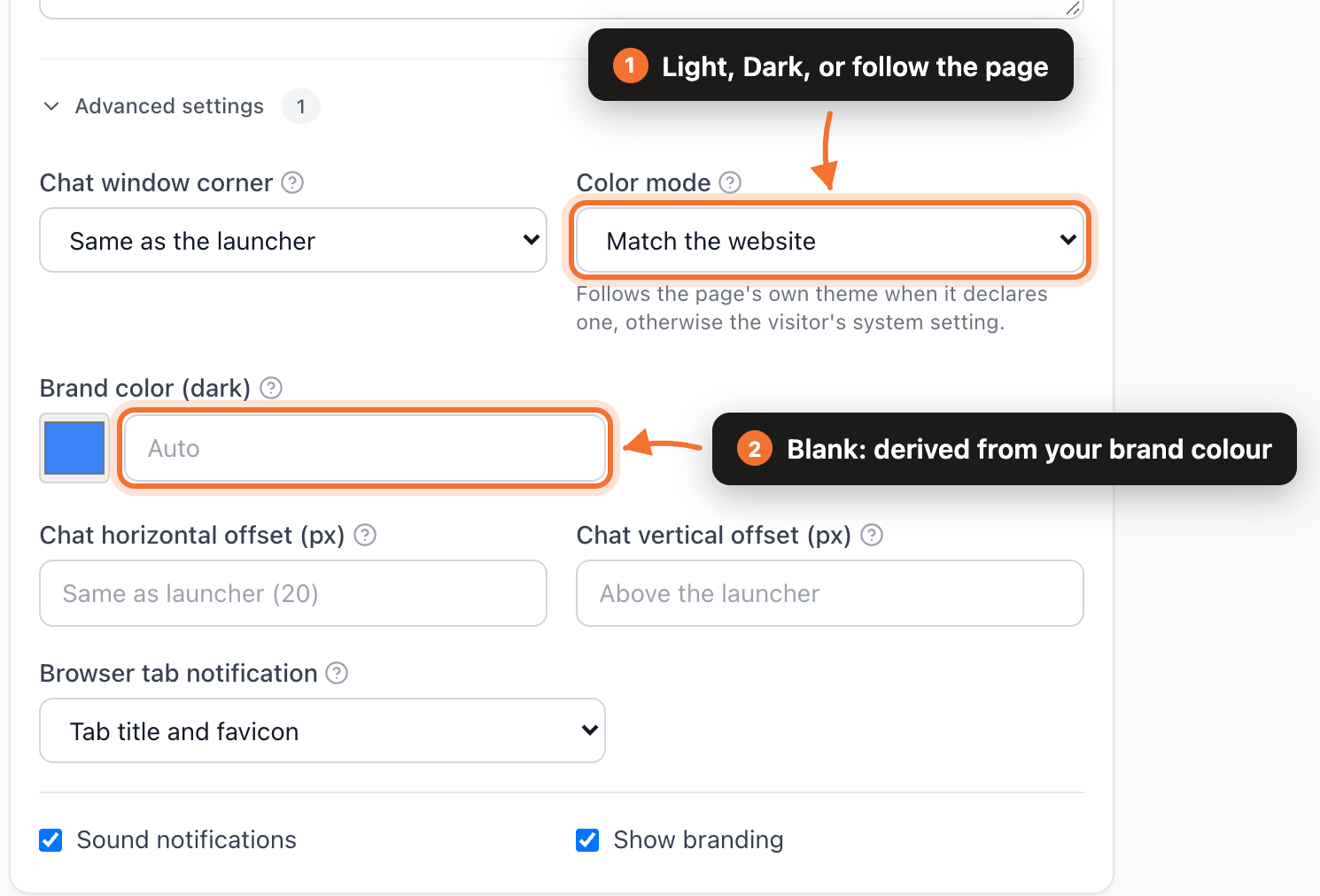Advanced settings in the Appearance section, showing Color mode set to Match the website