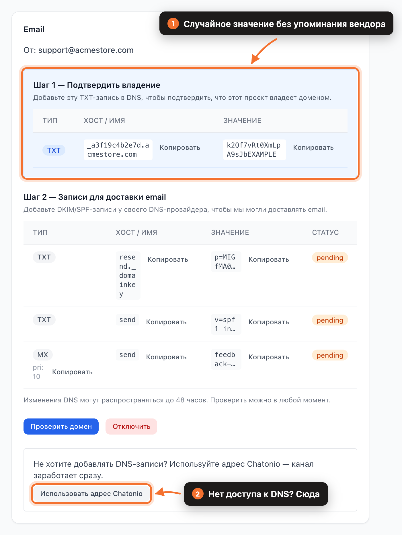 Две группы DNS-записей и переход на адрес Chatonio