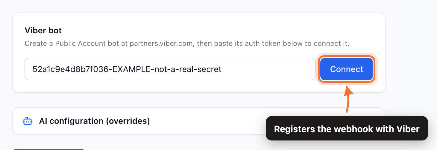The Viber bot card with an auth token pasted and the Connect button highlighted