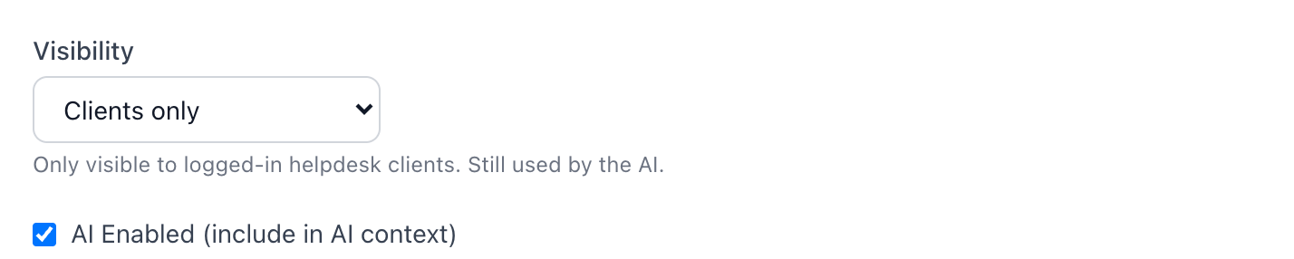 The article editor's Visibility select set to Clients only, with the AI toggle below it