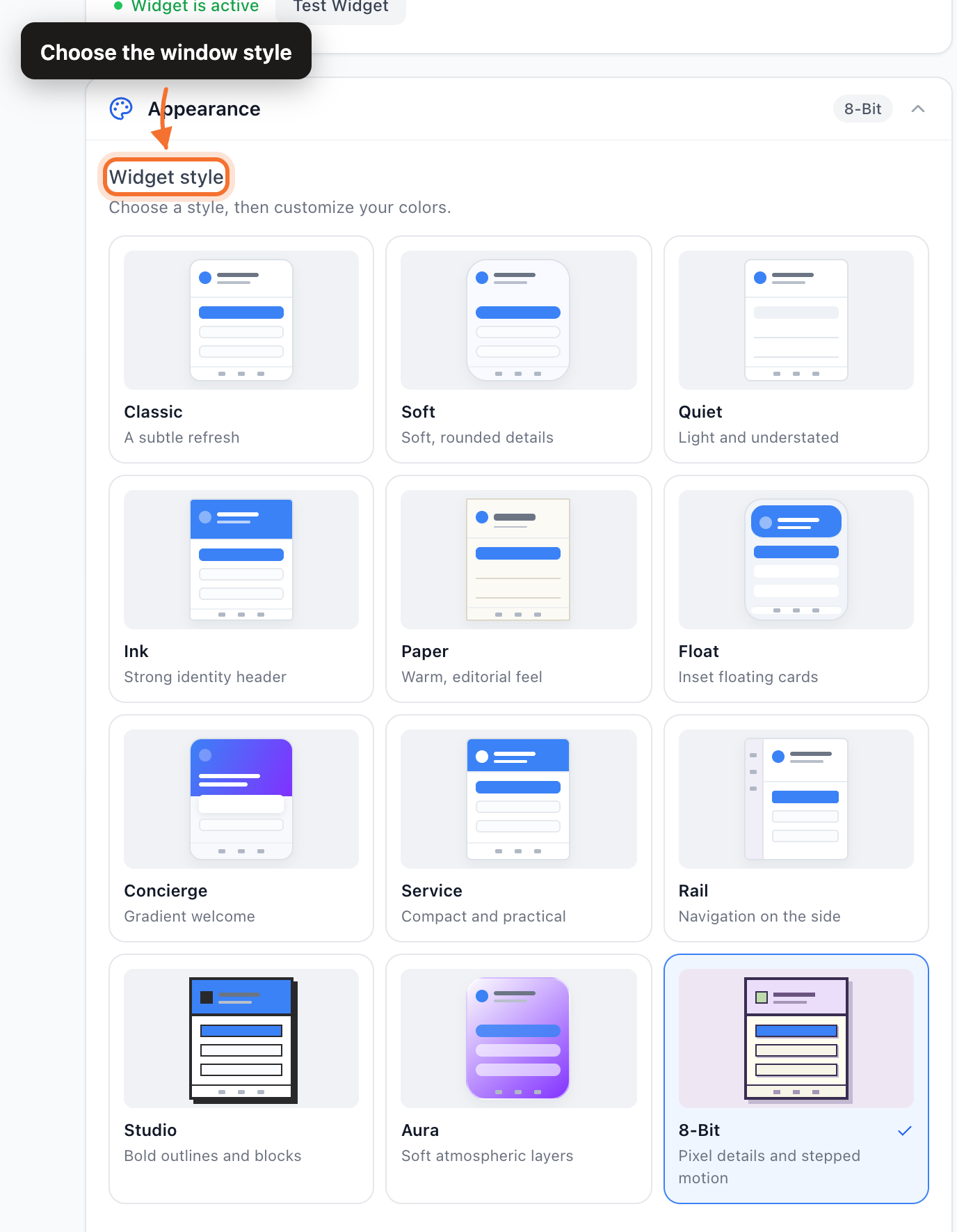 The twelve widget styles in Appearance, with 8-Bit selected