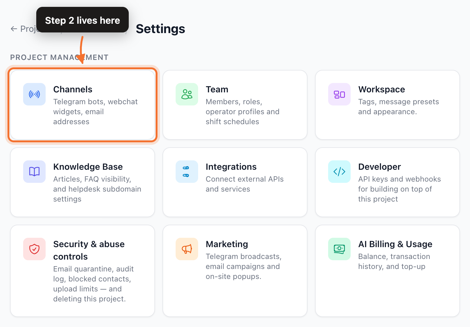 The project settings page, with the Channels card highlighted