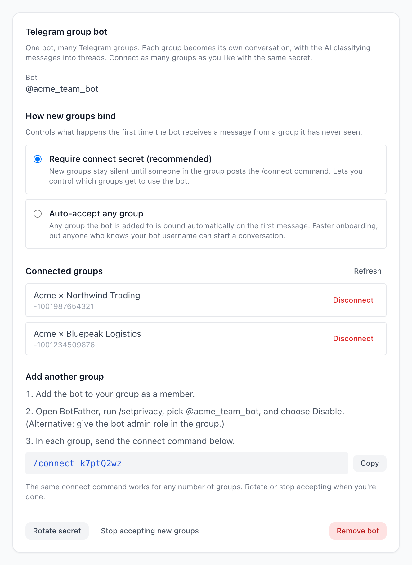 The Telegram group bot card: binding mode, connected groups and the reusable connect command