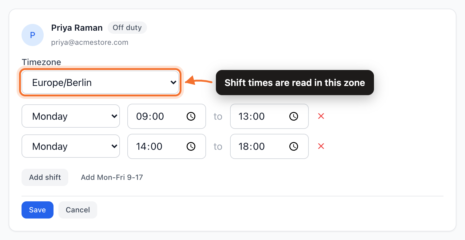 Editing an operator's shift slots, with Monday split into a morning and an afternoon shift