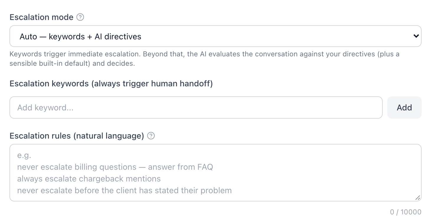 Escalation mode, keywords and rules in the project AI defaults
