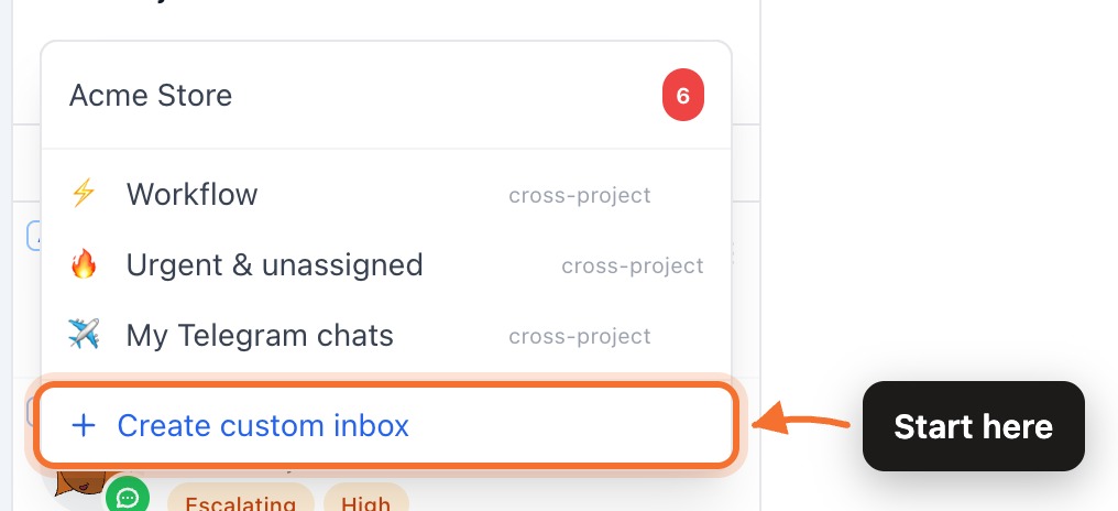 The inbox switcher, listing custom inboxes and the Create custom inbox action
