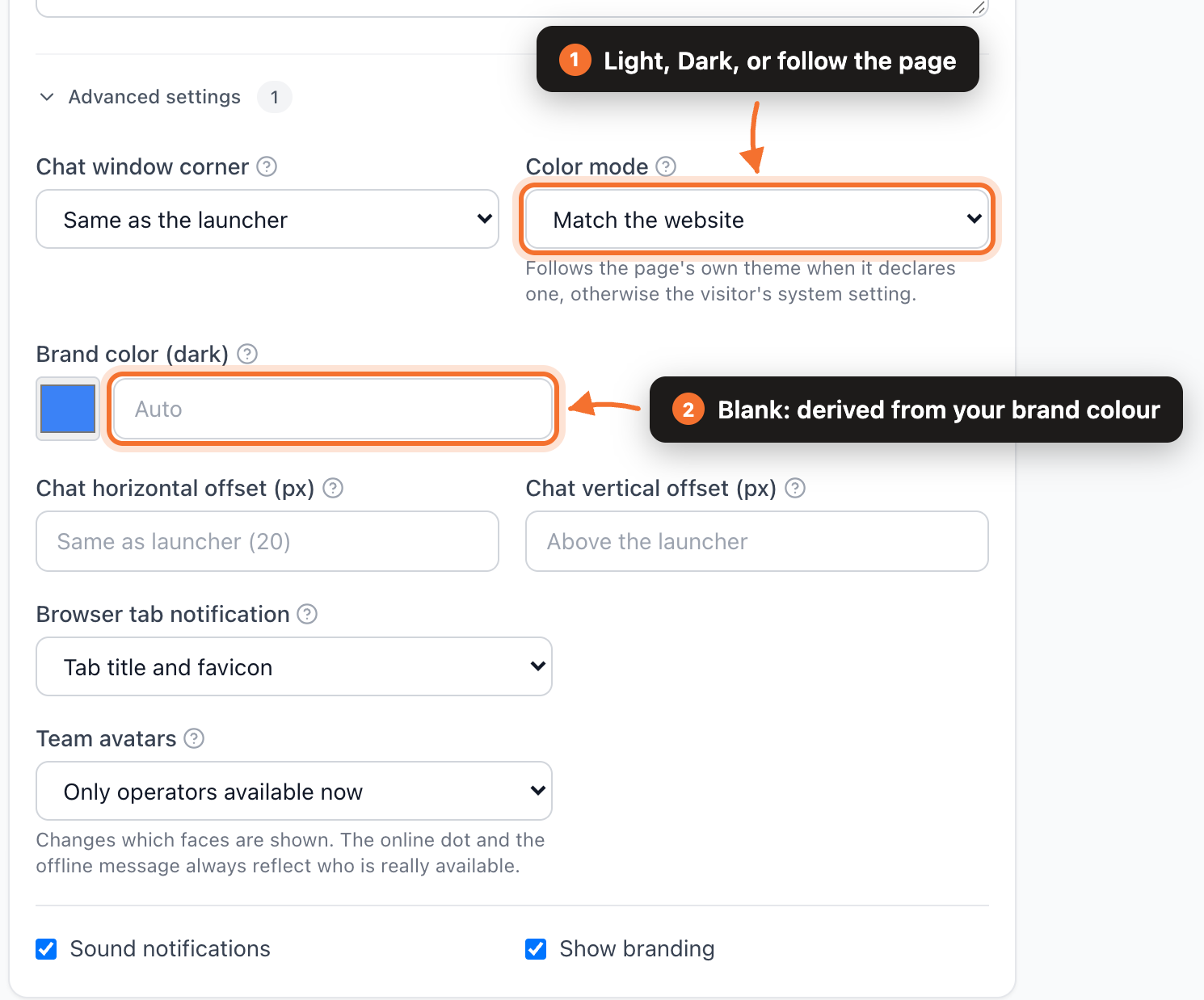 Advanced settings in the Appearance section, showing Color mode set to Match the website