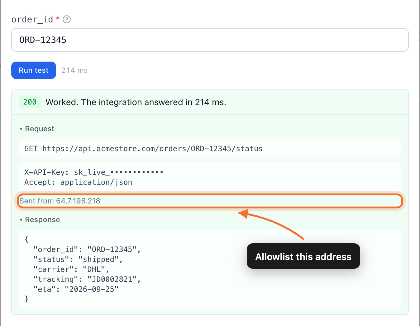 A passing tool test, showing the assembled request and the address it was sent from