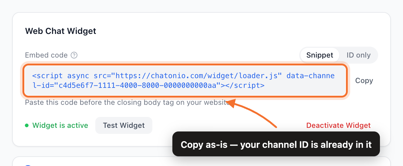 The Web Chat Widget card showing the embed snippet with the channel id already filled in