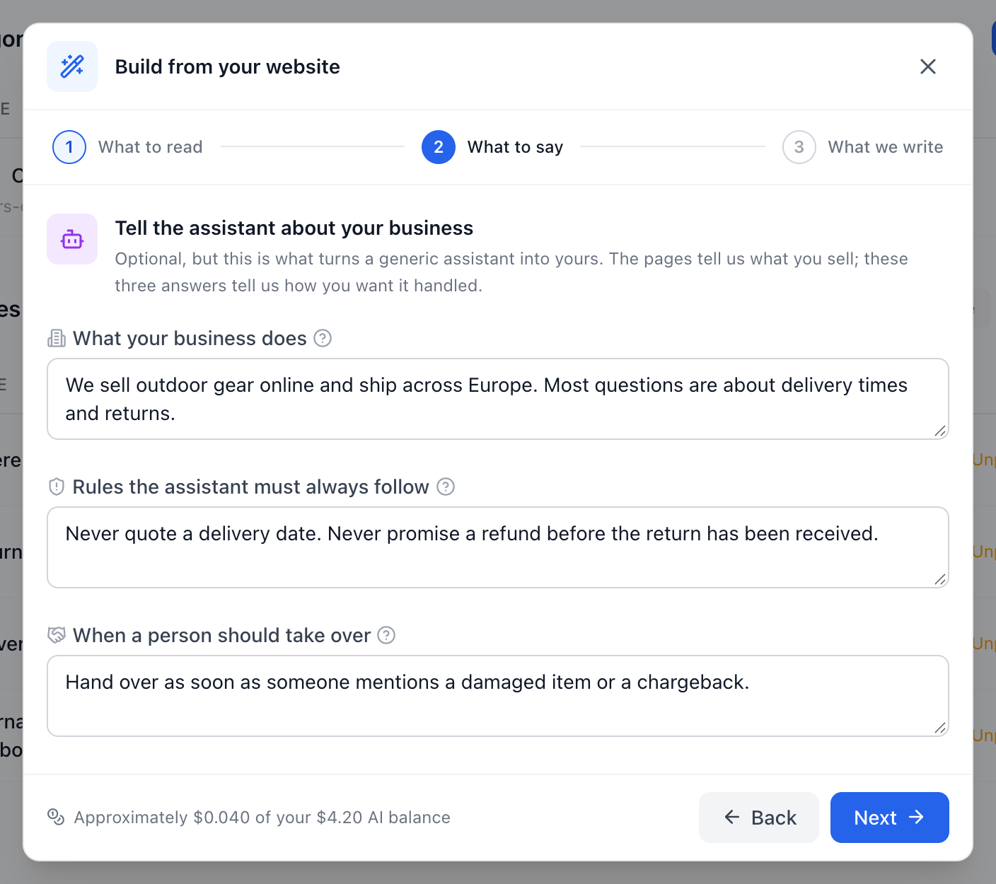 Step 2 of the wizard: the three short answers about the business