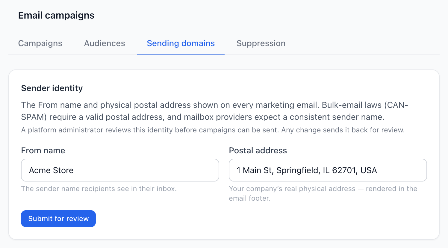 The Sender identity card at the top of the Sending domains tab, with From name, Postal address and Submit for review