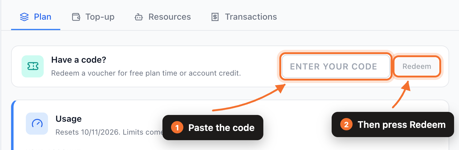 The "Have a code?" box on the Plan tab of Billing, with the code field and the Redeem button