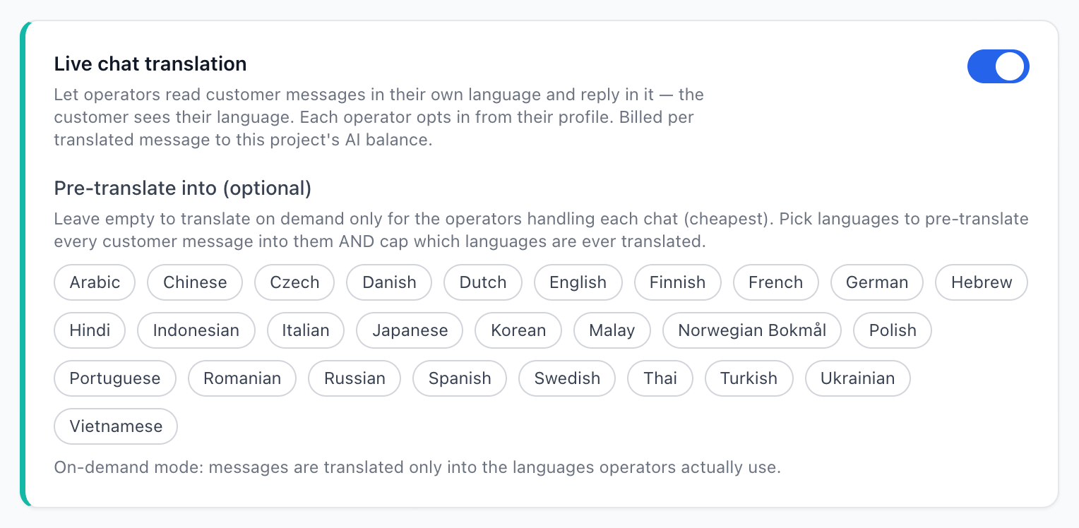 The Live chat translation switch in project settings, with the optional pre-translate languages
