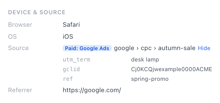 The Device and source block of a visitor: a Paid: Google Ads label and the source, medium and campaign trail