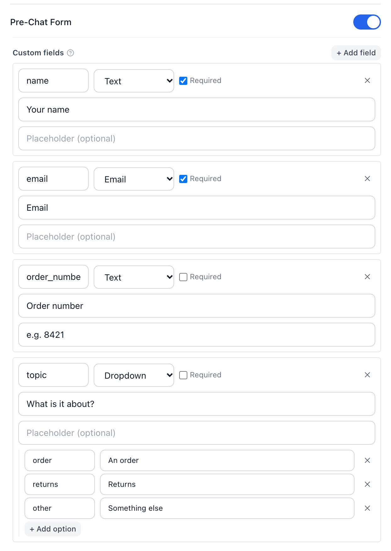 The pre-chat form builder with name, email, an order number field and a dropdown