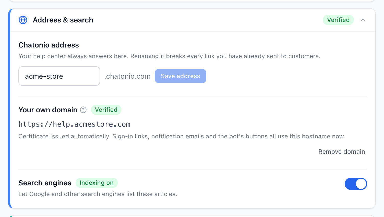 The Address & search section after verification: the domain marked Verified and search-engine indexing on