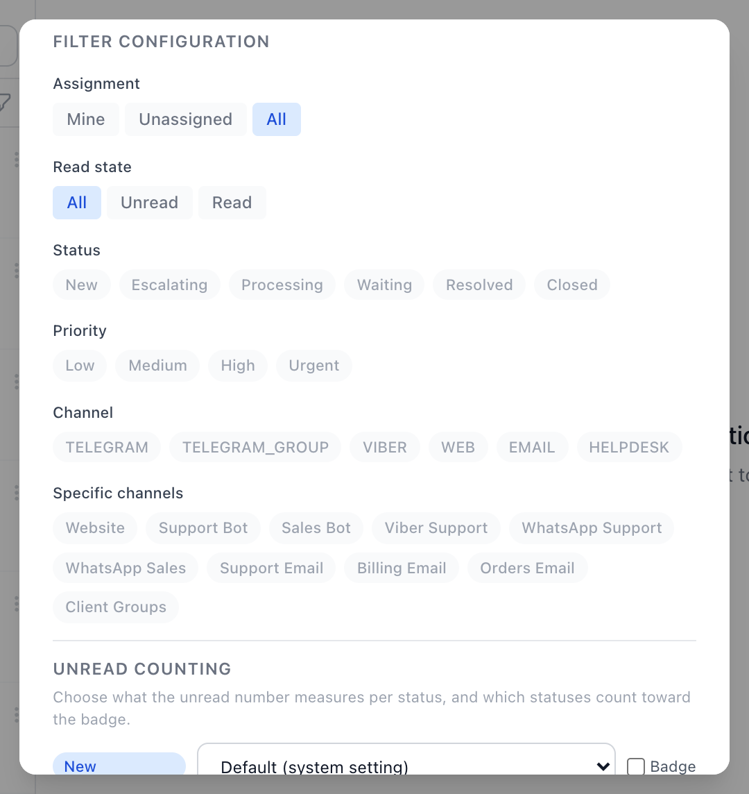 The Filter Configuration section of the custom-inbox editor