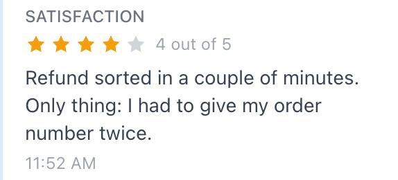 The Satisfaction block in a conversation info panel, showing 4 out of 5 and the customer comment
