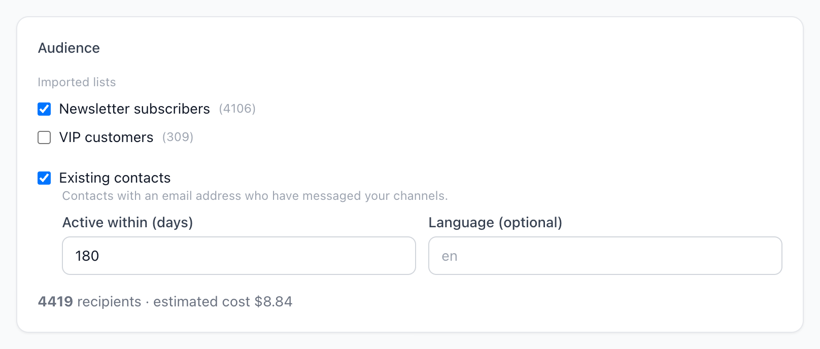 The audience block combining an imported list with existing contacts, showing the recipient count and estimated cost