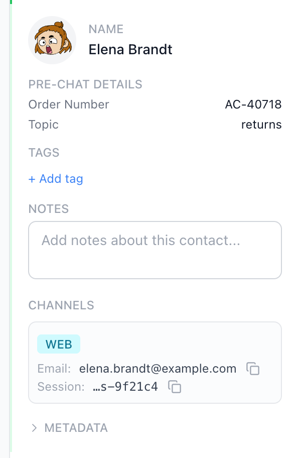 The Contact section of the info panel: the name, Pre-chat details with an order number and a topic, and the email under Channels
