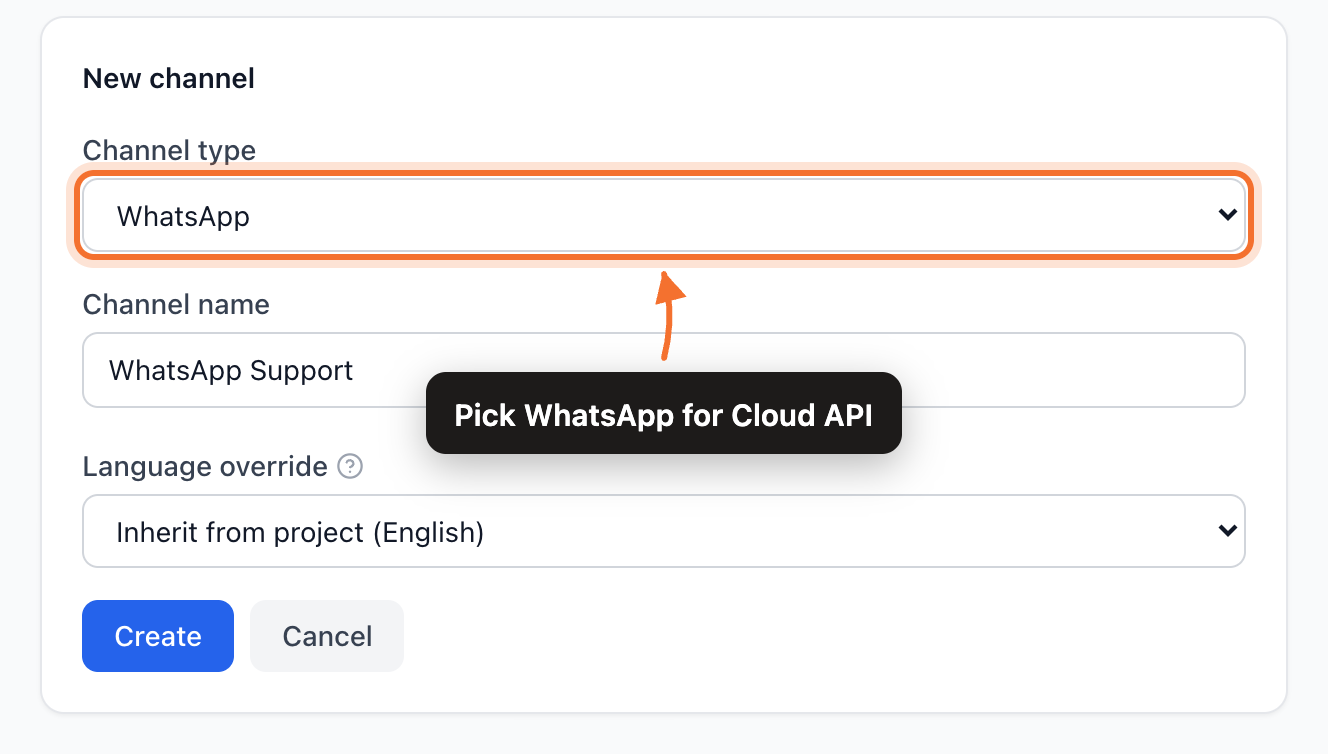 The New channel form with Channel type set to WhatsApp