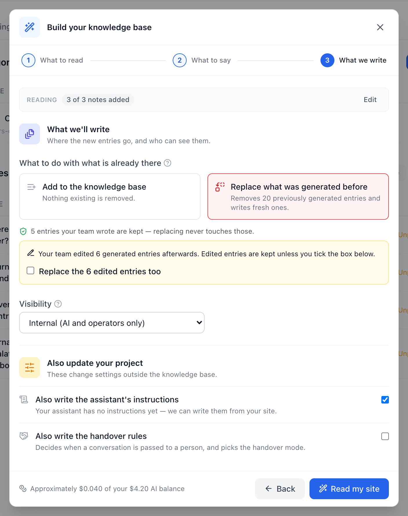 Step 3 of the wizard with Replace selected: how many generated entries it removes, the entries your team wrote that it keeps, and the box for also replacing the generated entries your team edited