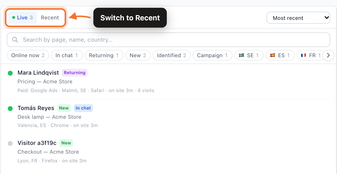 The Live tab: the Live and Recent toggle, search, filter chips and the list of visitors