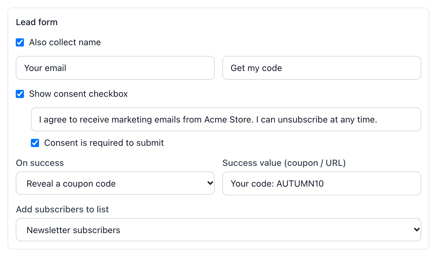 The lead form settings of a popup: collect name, consent checkbox, success action and the list subscribers are added to