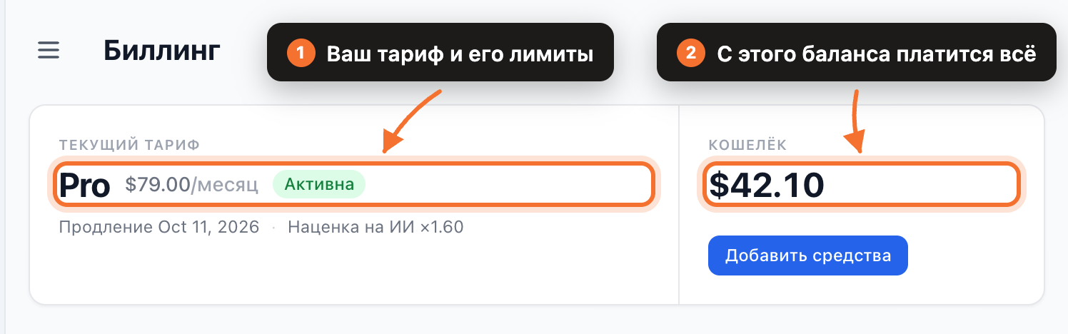 Шапка страницы биллинга: слева текущий тариф, справа баланс кошелька