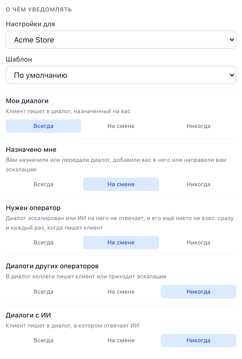 Раздел «О чём уведомлять»: выбор проекта в поле «Настройки для», шаблон «По умолчанию» и пять строк, в каждой «Всегда», «На смене» и «Никогда»