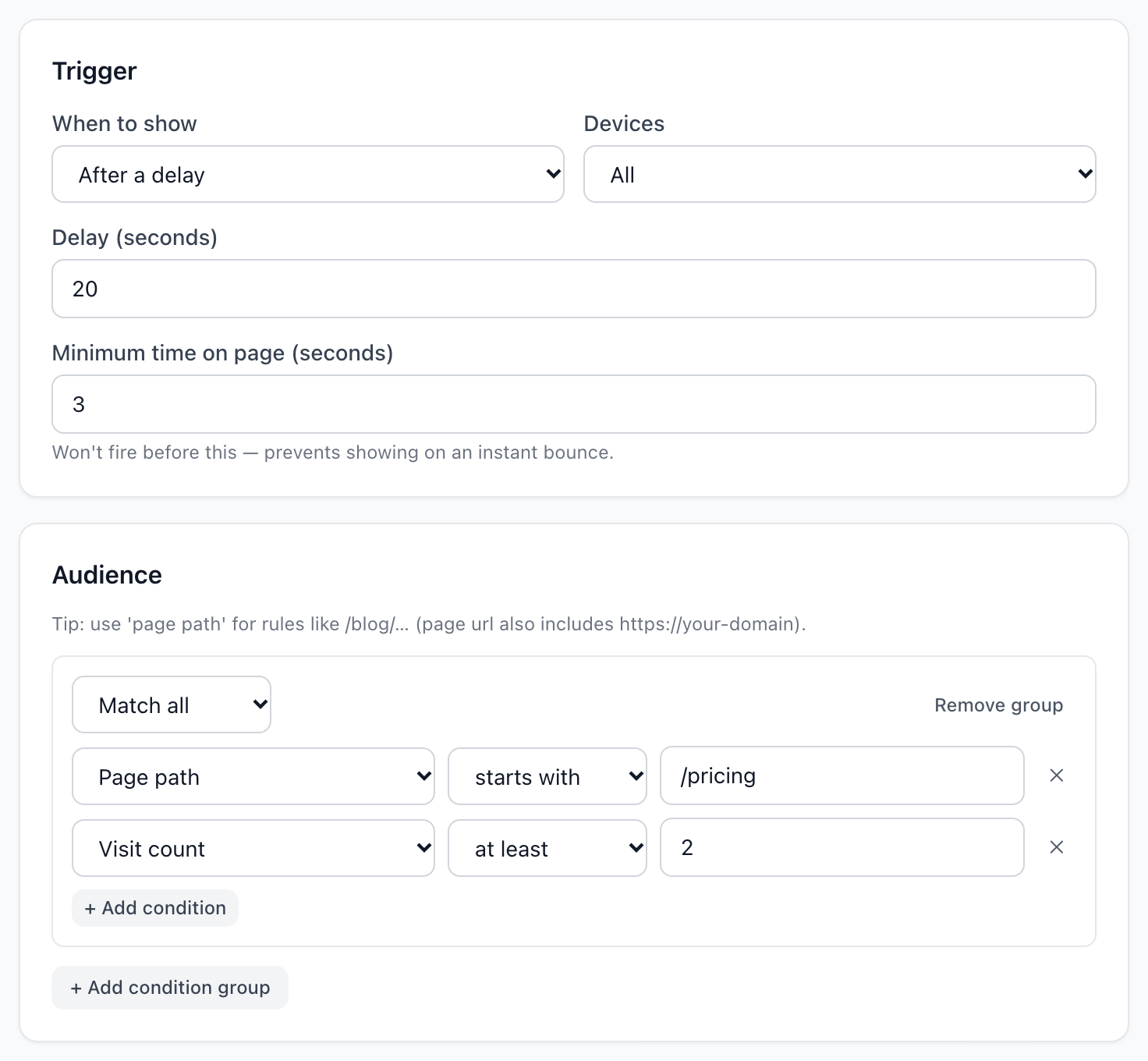 The Trigger and Audience cards: after a 20-second delay, for visitors on a /pricing page who have visited at least twice